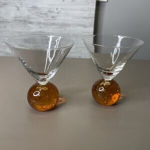 Vintage E Cointreau Martini Glass Orange Bubble Ball Signed Blown Glass 2 Pc Set